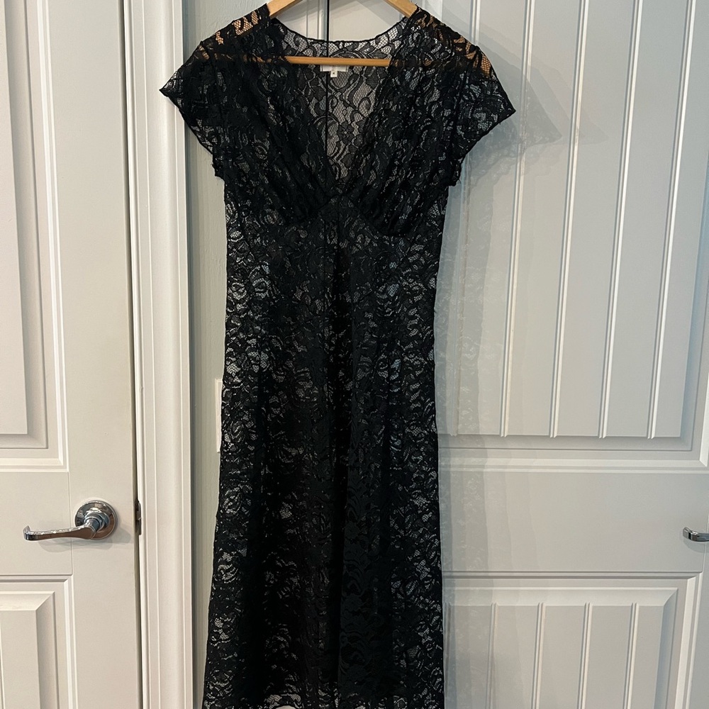 Ruth Anthropologie Elegant Black Teal Lace Silk Slip Dress Size 4 - Picture 7 of 12